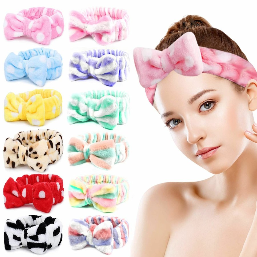 M&C Music Color Fashion Headbands | 12Pcs Spa Headbands, Coral Fleece Makeup Headband Cosmetic Headband, Lovely Face Washing Headband Shower Headbands Headwraps, Soft Bowknot Spa Hair Band Spa Birthday Party Supplies For Girls Women