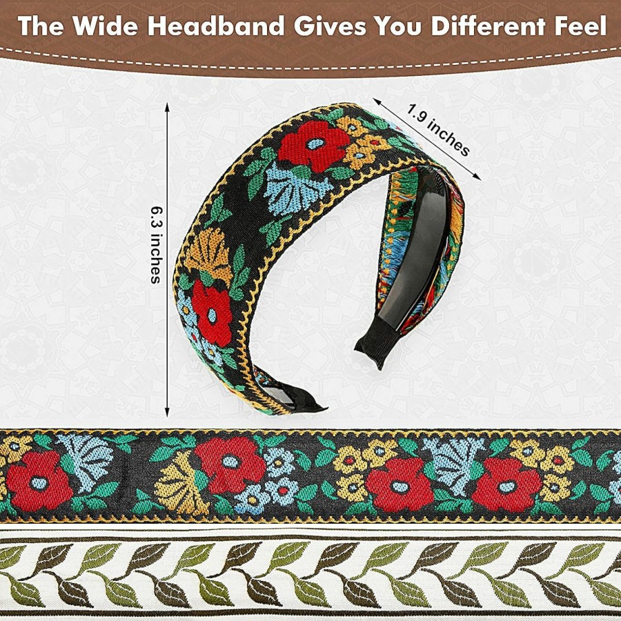 EBOOT Fashion Headbands | 4 Pieces Boho Handmade Embroidery Bohemia Floral Wide Vintage Ethnic Style Hair Band For Women Girls Hair Accessories (Classic Pattern)