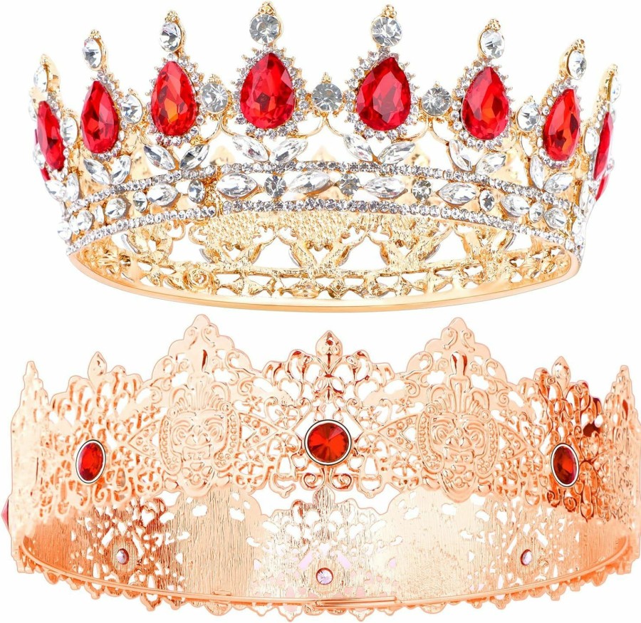 Haomian Fashion Headbands | 2 Pieces Prom King And Queen Crown Set King Crowns For Men Royal Crown With Red Rhinestone Crystal Crowns For Women Princess Crown Tiara Costume Headwear For Wedding Prom Birthday Party