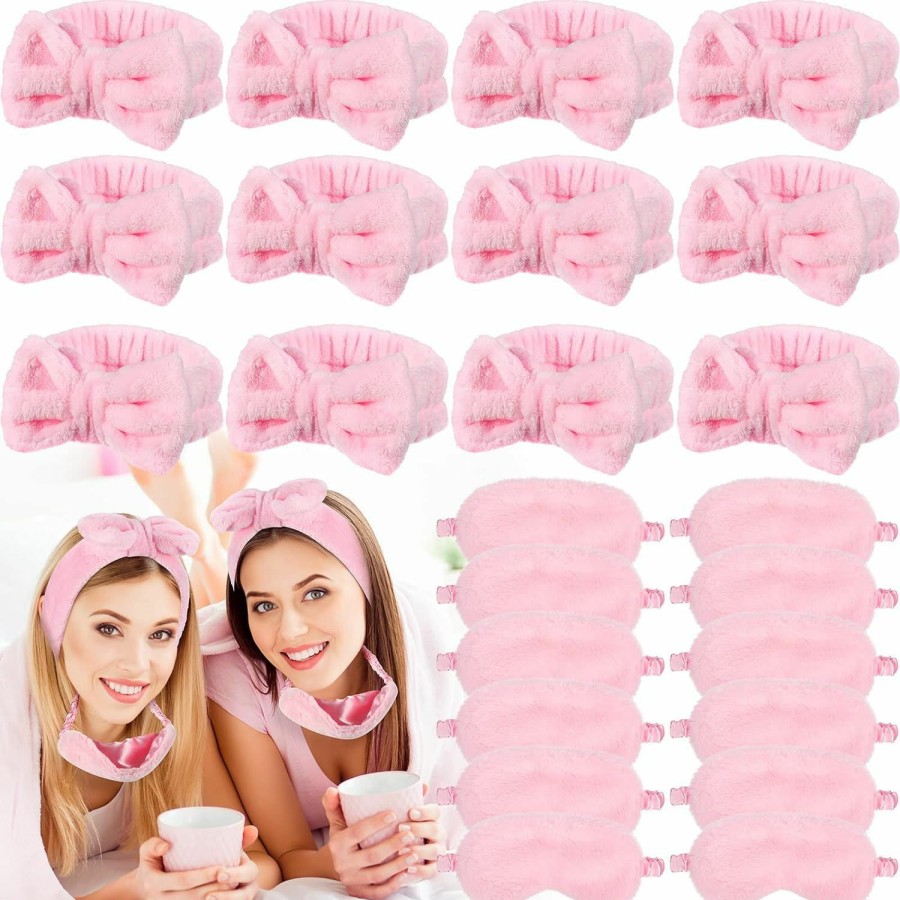 Jexine Fashion Headbands | Jexine 24 Pcs Spa Headband Plush Sleep Eye Mask Bulk Bow Hair Band Makeup Headband For Washing Face Sleepover Party Supplies Sleeping Stuff Accessories For Single Party (Pink,Simple Style)