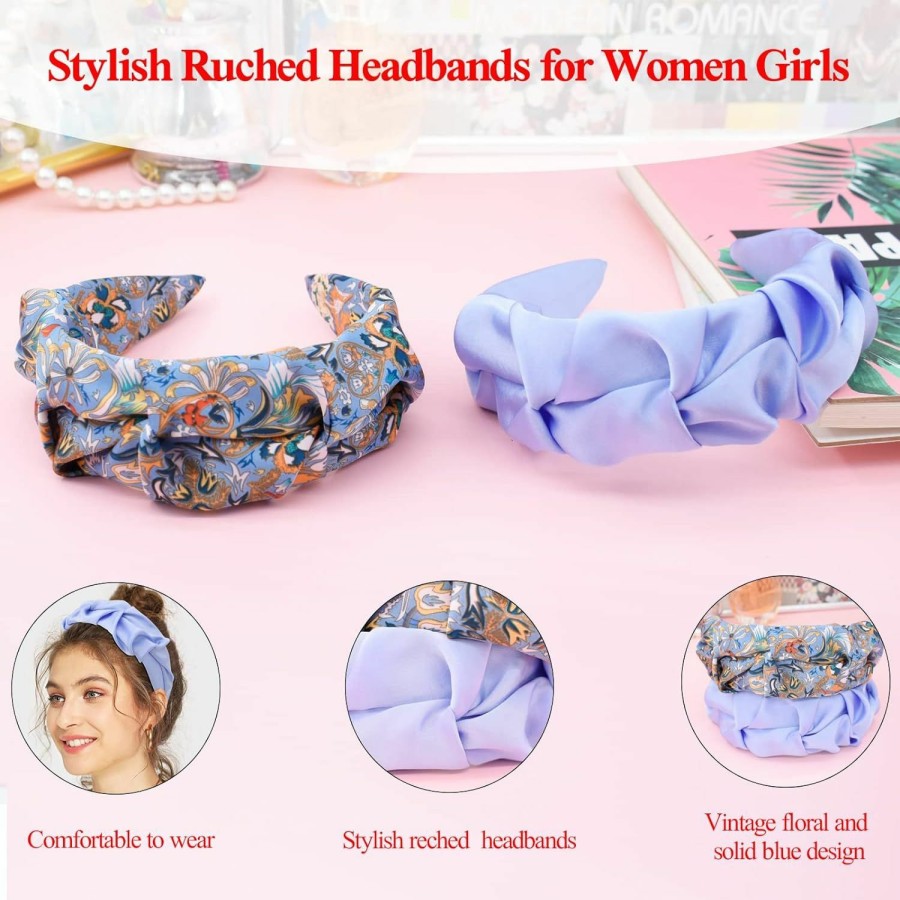 BEGOOD Fashion Headbands | Begood Headbands For Women Black Womens Wide Headband Fashion Ruffled Knot Headbands Ruched Top Knot Hairbands Hair Hoop Hair Accessories For Girls 2Pcs