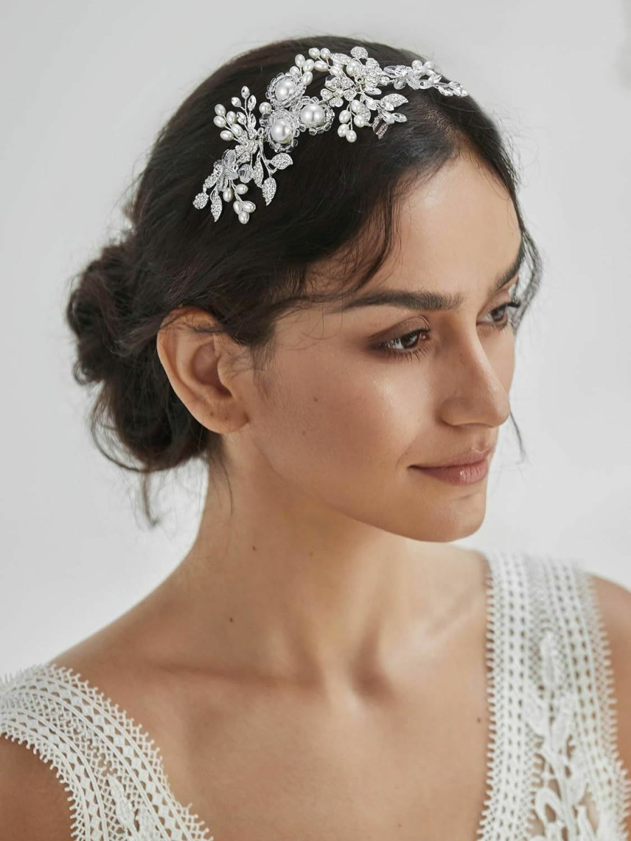 SWEETV Fashion Headbands | Sweetv Handmade Pearl Wedding Headbands For Women Silver Rhinestone Hair Band Bridal Headpieces For Bride Hair Jewelry Accessories