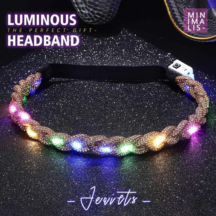 JEAIRTS Fashion Headbands | Jeairts Light Up Headbands Glowing Led Rhinestone Headpiece Sparkly Crystal Forehead Head Chain Elastic Braided Hair Band Halloween Prom Hair Jewelry For Women And Girls(1-Silver)