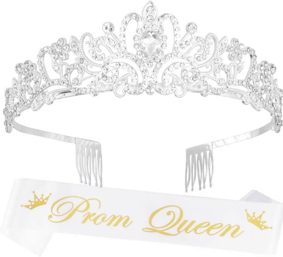 Amazon Fashion Headbands | Prom Queen Sash Headbands For Women Tiara & Crown Silver Girls Cosplay Halloween Princess Happy Homecoming Accessories