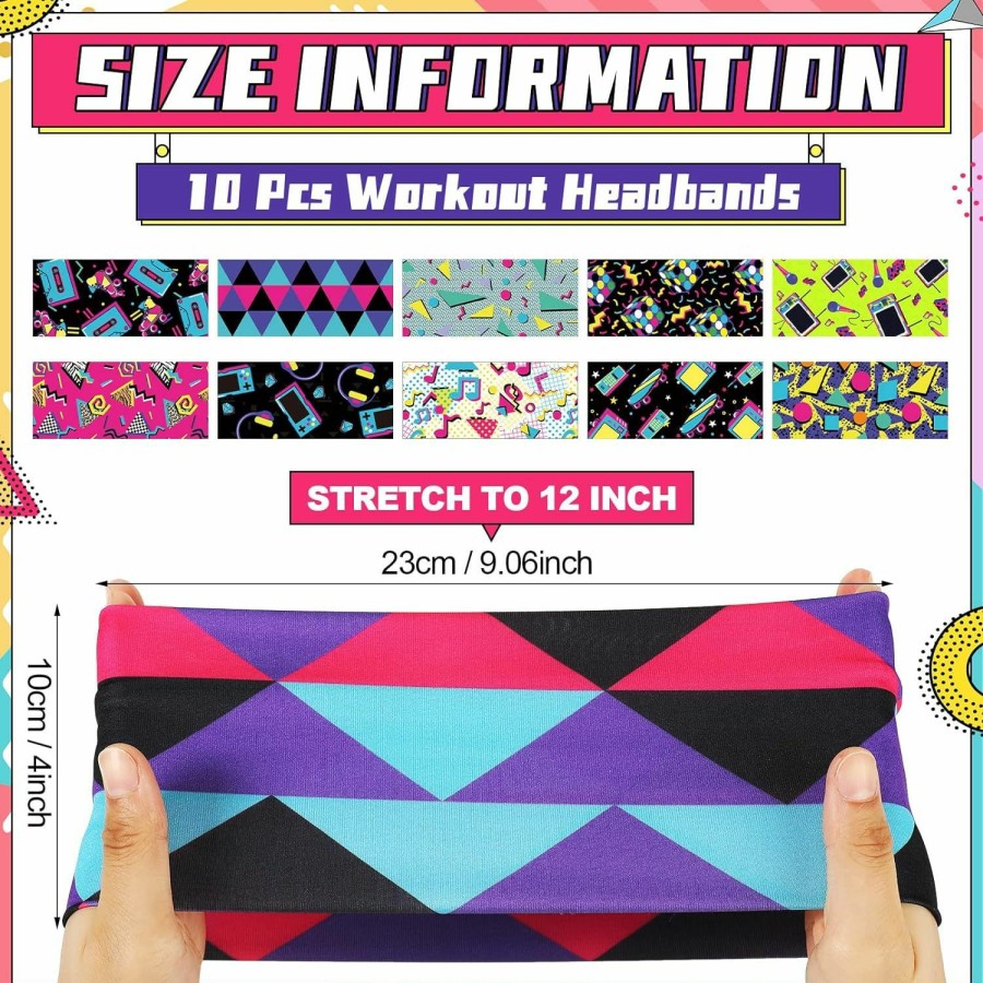 Dingion Fashion Headbands | 10 Pcs 80S 90S Workout Headbands For Women And Men Retro Headbands Non Slip Sweat Bands Headbands Running Headband Elastic Neon Headbands 80S Sweatbands Headbands Costumes For Cycling Yoga Sports