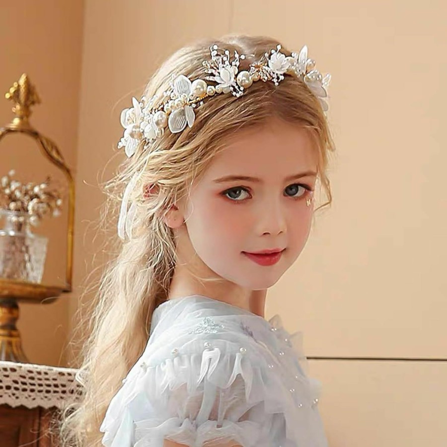 YOUlDIANZI Fashion Headbands | Youldianzi Flower Girl Hair Accessory, Princess Headpiece White, Wedding Hair Accessories For Kids, Flower Headband Pearl For Girl And Flower Girls Bridal Wedding Hair Band, Women Headbands (Gold)