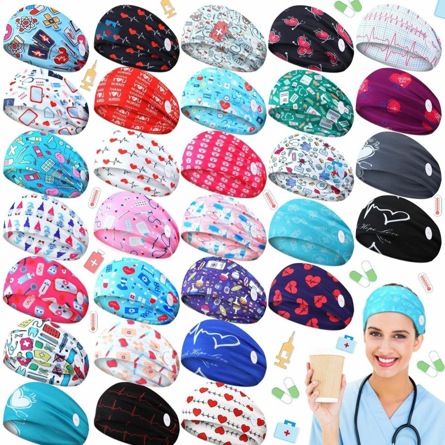 Tigeen Fashion Headbands | Tigeen 30 Pcs Nurse Headbands For Women Nursing Headbands With Buttons Stretch Non Slip Elastic Hair Bands Ear Protection Medical Headbands For Doctors Nurse Work Head Wraps Hairband For Sports