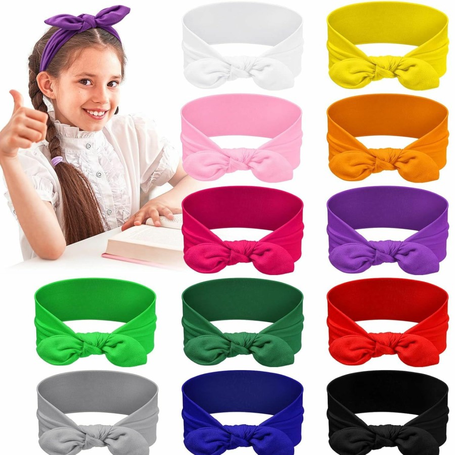 Giegxin Fashion Headbands | 12 Pack Colorful Headbands For Girls Removable Rabbit Ear Bow Girls Headbands Elastic Polyester Cloth Headbands Rabbit Ear Hairband Hair Accessories For Girls, 12 Colors