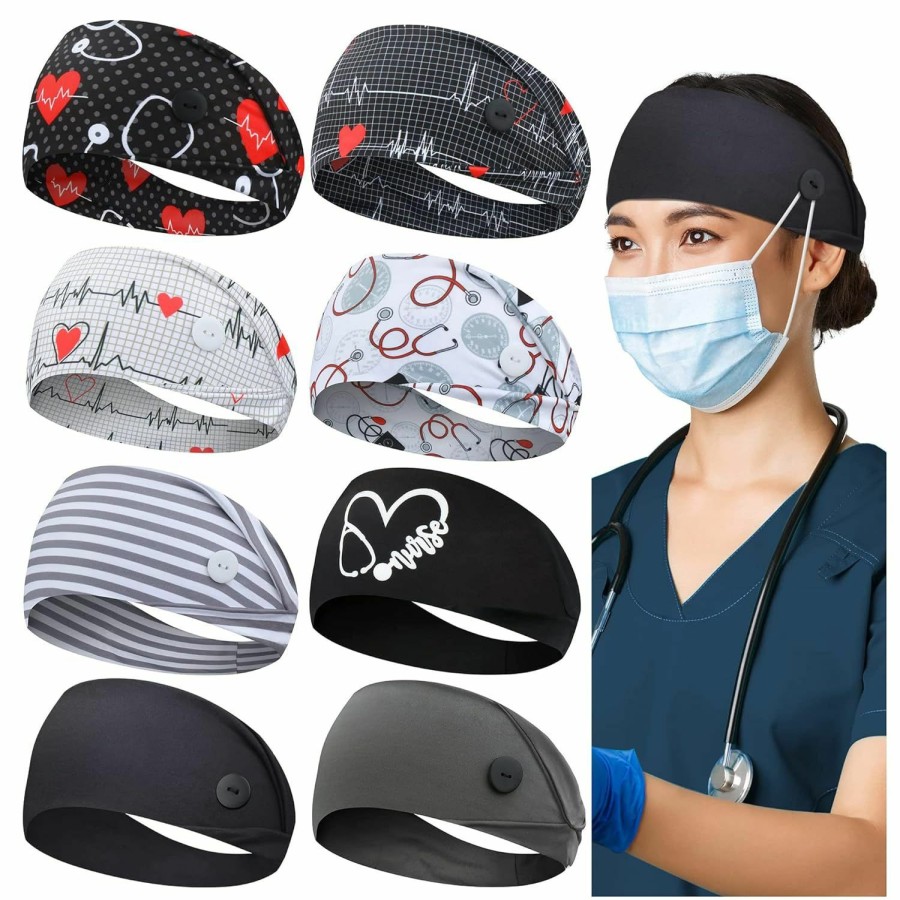 ABAMERICA Fashion Headbands | Abamerica Headbands With Button For Mask, Wide Nurses Headbands Non Slip Elastic Ear Protection For Women Men Doctors Sweatband Headband