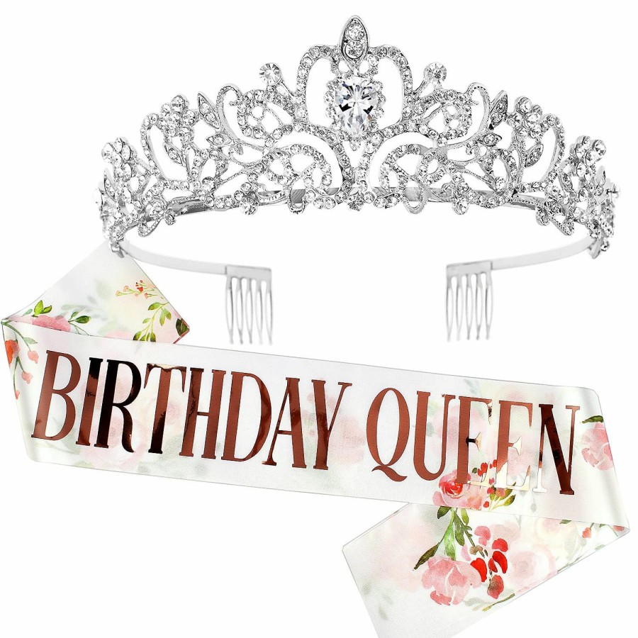 COCIDE Fashion Headbands | \"Birthday Queen\" Sash & Rhinestone Tiara Set Cocide Silver For Women Birthday Decoration Kit Headband For Girl Glitter Crystal Hair Accessories For Party Cake Topper