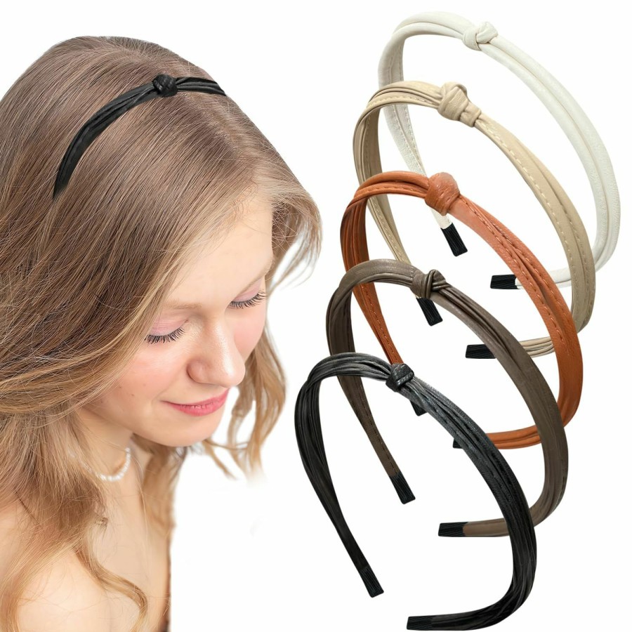 Bmobuo Fashion Headbands | Bmobuo Headbands For Women 5Pcs Thin Leather Head Bands For Women'S Hair Skinny Headbands Womens Headbands Fashion Knotted Headband For Women Black Brown Cute Headbands Hair Accessories