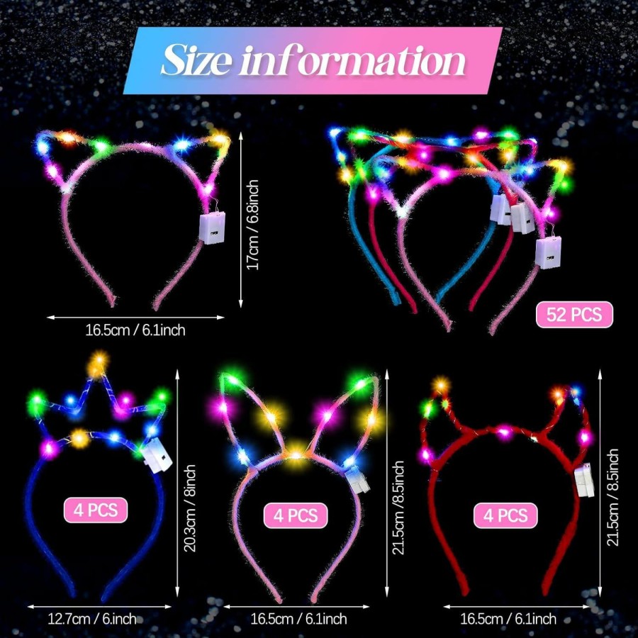 Xinnun Fashion Headbands | 64 Pieces Light Up Cat Ears Headband Bulk Led Bunny Ears Glow In Dark Cat Ears Luminous Hairbands Party Supplies For Women Girls Adult Valentine'S Day Multicolor