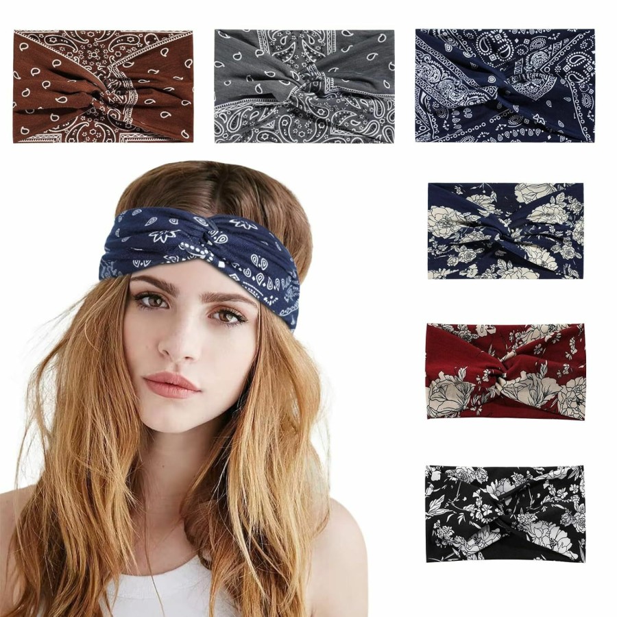 Achiou Fashion Headbands | Achiou Boho Headbands For Women, Twist Knotted Head Bands For Women'S Curly Hair Non Slip, Wide Turban Cloth Hairbands, Elastic Hair Accessories For Girls Yoga 6 Pack Two Size