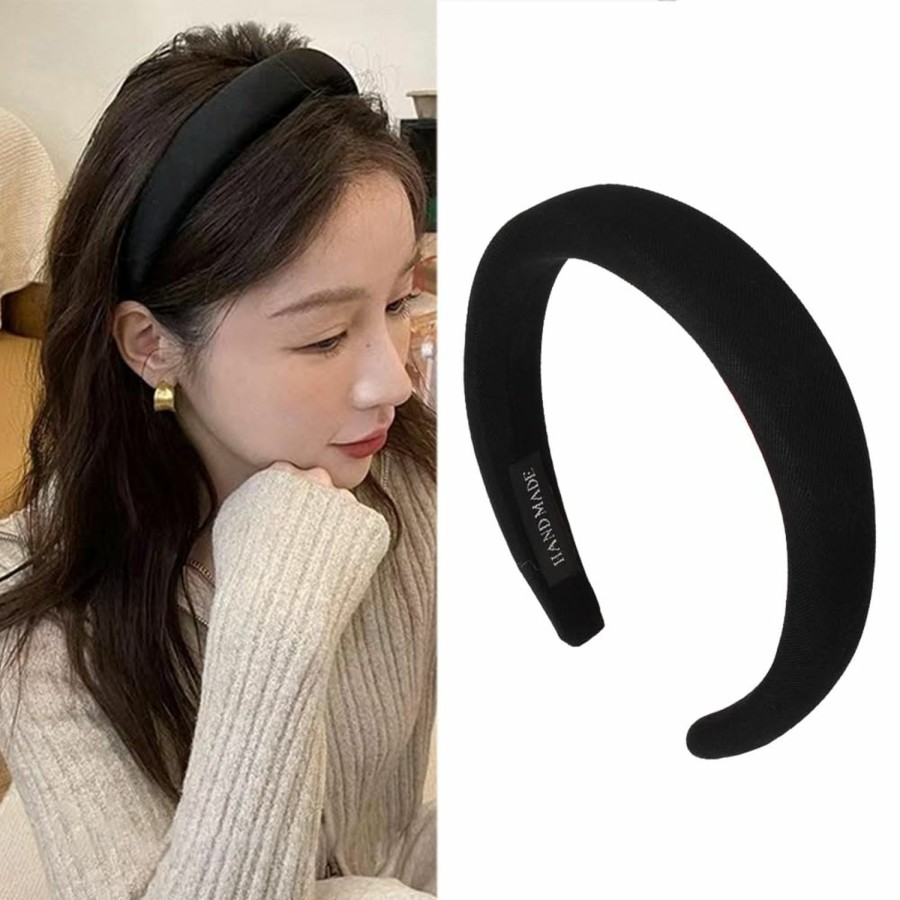 ShiQiao Spl Fashion Headbands | Black Padded Hairband Headbands For Women Solid Wide Simple Headband For Girls Plain Soft Satin Hair Band Hoop No Teeth Thick Head Bands Hoops For Teen Girls Hair Accessories For Women Girls