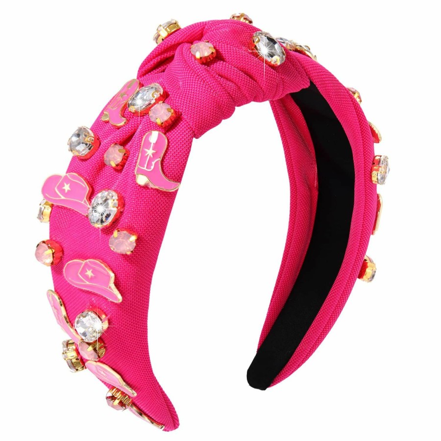 mokkia Fashion Headbands | Mokkia Hot Pink Headband Western Headbands For Women Jeweled Rhinestone Crystal Knotted Headbands Wide Cowgirl Cowboy Boots Hats Hairbands Cowgirl Hair Accessories Spring Summer Headwear (Rose Red)