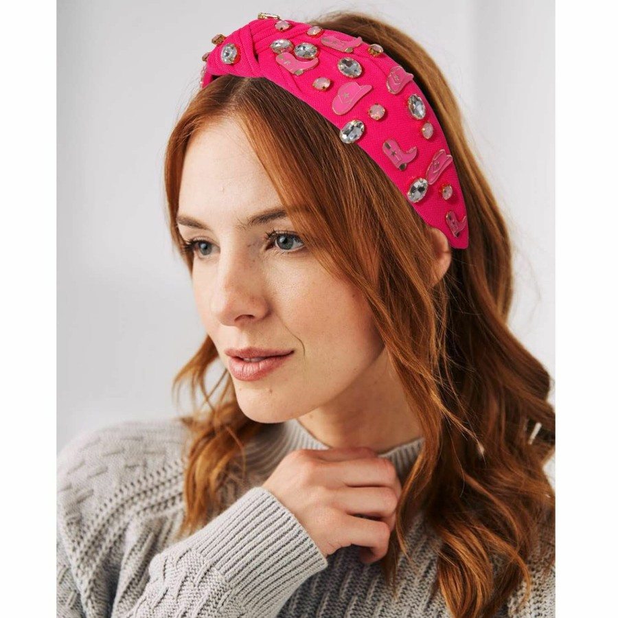 mokkia Fashion Headbands | Mokkia Hot Pink Headband Western Headbands For Women Jeweled Rhinestone Crystal Knotted Headbands Wide Cowgirl Cowboy Boots Hats Hairbands Cowgirl Hair Accessories Spring Summer Headwear (Rose Red)